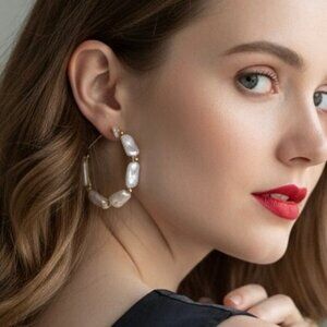 NWT Large Hoop Earrings Irregular Shaped White Pearls 14K Gold Plated Statement